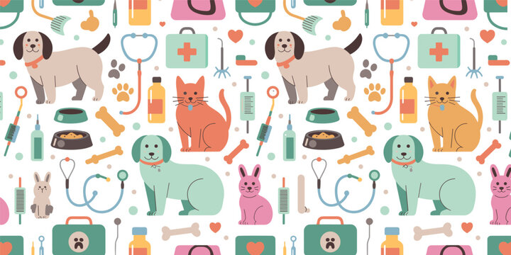 Seamless pattern with cute pets and veterinary care elements featuring dogs cats rabbits stethoscopes and medical kits for animal clinic wallpaper