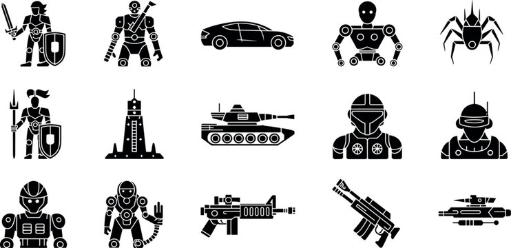 Sci-fi gaming icon set featuring futuristic robots armored soldiers space rockets tanks and laser weapons in black silhouette style