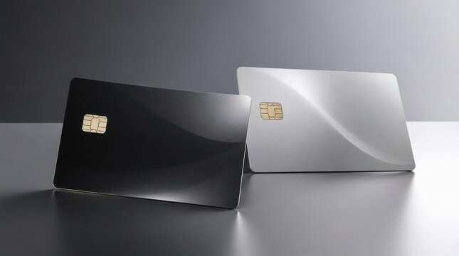 Two modern credit cards, one black and one silver, with subtle wave patterns and EMV chips.