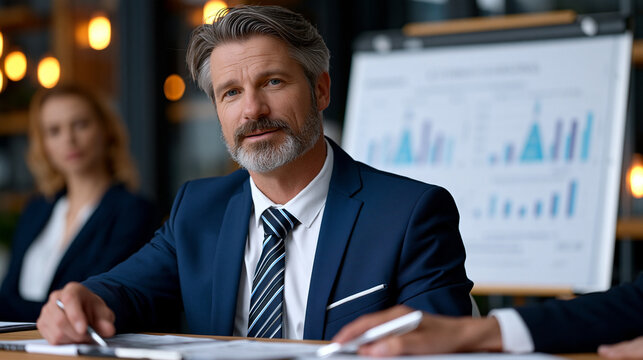 Senior CISO presenting a corporate cyber risk quantification report to an insurance underwriting panel in a formal meeting suite, actuarial risk matrices displayed on an easel, pens moving across un