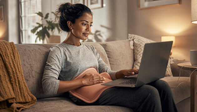 Young woman using electric heating pad on her stomach while working on a laptop at home, sitting on a sofa in a cozy living room with warm lighting, pain relief concept