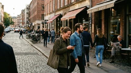 Fototapeta premium People stroll along a charming cobblestone street with shops and cafes, capturing a relaxed urban vibe.