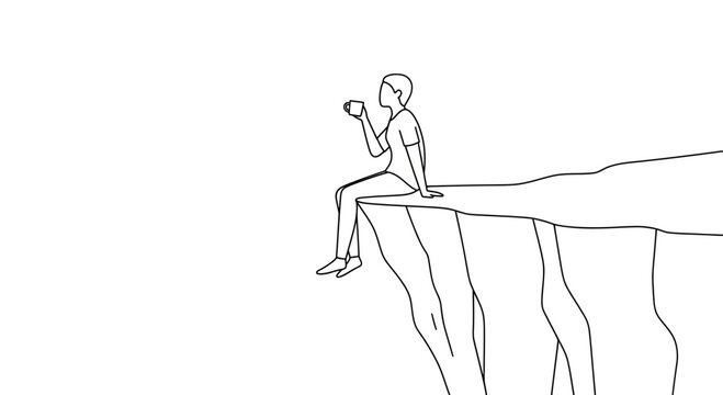 Man sitting on cliff edge, drinking coffee, contemplation, solitude, danger, risk, adventure