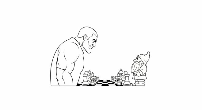 Man vs Gnome: Strategic Chess Battle on White Background
