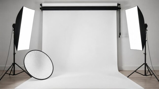 A professional photography studio setup featuring softbox lights, a white backdrop, and a reflector, ready for shoots.