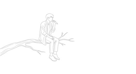Obraz premium Minimalist line art of a man singing on a tree branch, artistic illustration
