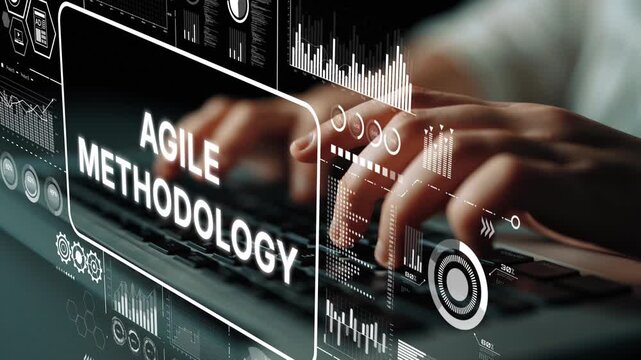 Hands Typing on Keyboard with Agile Methodology Graphics in Background for Project Management and Software Development Concepts. Asymptotic smart data analytic.