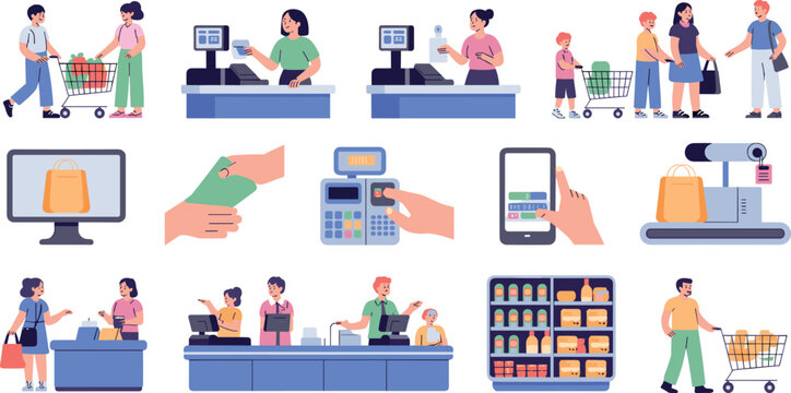 Supermarket shopping and retail payment vector set featuring customers, cashiers, grocery carts, digital mobile wallets and terminal checkout scenes