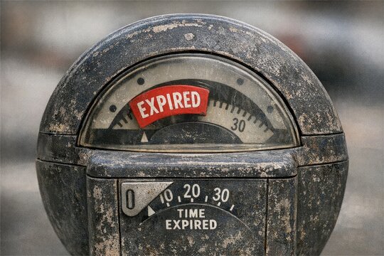 A close-up shot of a parking meter with an expired sign, perfect for use in urban or cityscape scenes