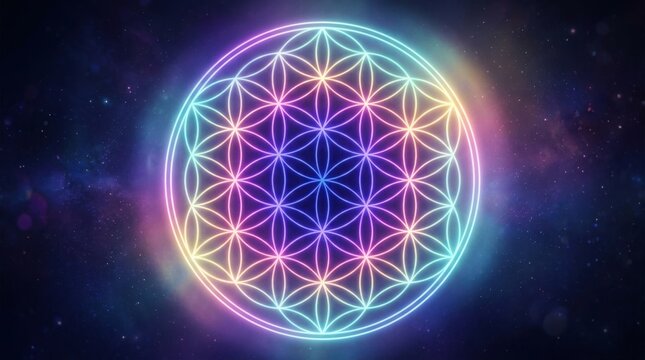 Flower of life sacred geometry symbol with rainbow neon glow against a cosmic nebula and starfield background.