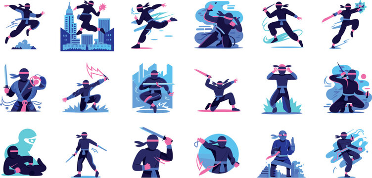 Set of flat vector ninja character illustrations featuring masked assassins in action poses with swords, katanas and weapons
