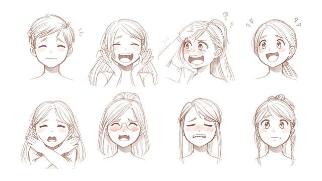 Emotions Expressed: A collection of eight diverse facial expressions, sketched in a soft, hand-drawn style, captures a spectrum of human emotions, from joy and surprise to sadness and confusion.