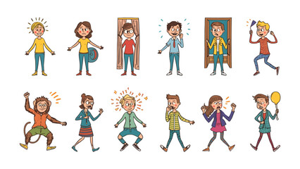 Fototapeta premium Collection of Cartoon Emotion: A vibrant set of cartoon characters displaying a wide spectrum of emotions, from joy and excitement to surprise and worry.
