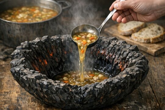 A person pours hot soup into a stone bowl