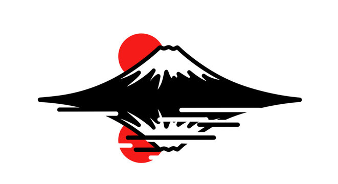 Mount Fuji reflected in water with sun symbol.