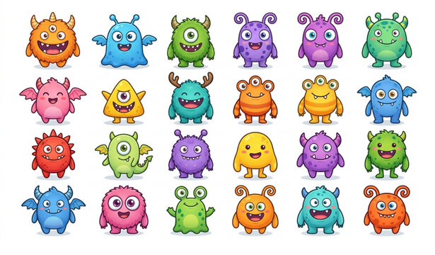 Fun toy monster collection with cute smiling imaginary creature characters vector isolated on white