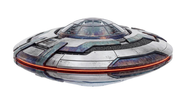 Futuristic silver ufo isolated PNG on transparent background with red light