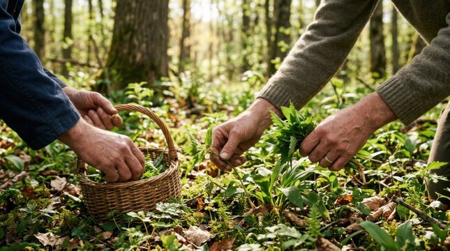 Hands picking wild greens in a sunlit forest, gathering foraged food in a basket.