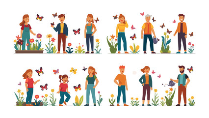 Fototapeta premium Joyful Gardeners and Butterflies: A vibrant collection of diverse people of all ages tending to a flourishing garden, with butterflies fluttering all around them.