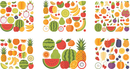 Obraz premium Colorful Tropical and Summer Fruit Collection with Watermelon, Pineapple, Banana, Cherry, and Mango Flat Design Vector Illustration Set