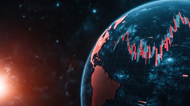 digital representation of Earth highlighting South America with a rising stock market graph overlayed against a cosmic background.