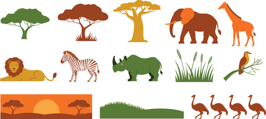 African Safari Wildlife Silhouette Collection Featuring Elephant, Lion, Zebra, Giraffe, Rhino, and Acacia Trees for Nature and Adventure Vector Design Projects © MdAbdur