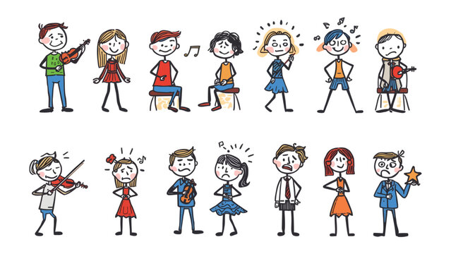 Diverse Emotions and Activities: A collection of whimsical stick figures displays a range of emotions and engagements, from playing musical instruments to expressing surprise and frustration.