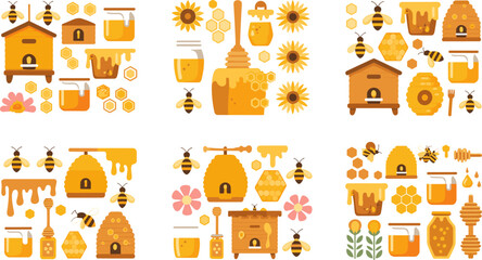 Golden Honey Bee and Beekeeping Element Collection with Jar, Hive, Honeycomb, and Sunflower Flat Design Vector Illustration Set © MDShakhawat