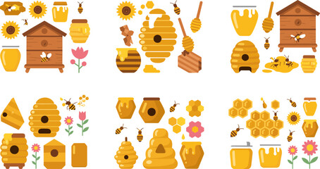 Honey Bee and Beekeeping Collection with Hive, Honeycomb, Dipper, Jar, and Sunflower Flat Design Vector Illustration Set © MDShakhawat