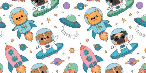 Seamless Space Adventure Pattern Featuring Cute Astronaut Cats and Dogs in Rockets and UFOs for Children Nursery Decor and Textile Design © MdAbdur