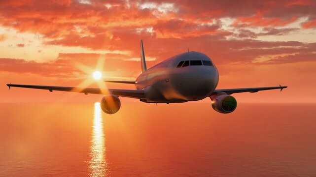 Airplane over tropical islands at sunset. Plane flying above tropical sea at sunset, commercial aircraft over ocean with orange sky, scenic travel route above paradise coastline, concept of tourism