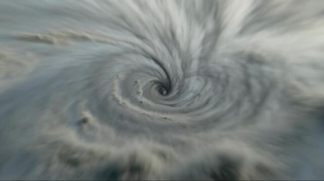 Swirling cloud vortex depicted in surreal style on a pale sky background, symbolizing chaos and natural power