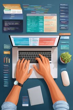 Developer typing code on a laptop in a clean modern workspace with hands overhead view
