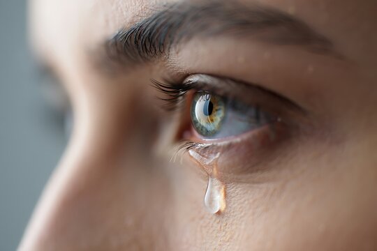 Close up of a green eye with a tear rolling down crying sadness