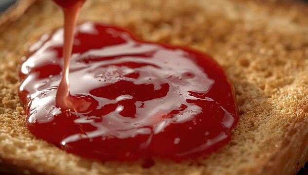 Strawberry jam spreads across warm toast creating glossy texture and cozy breakfast atmosphere scene
