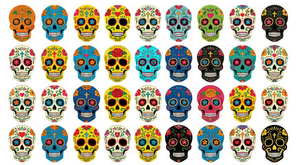 Obraz premium Vibrant Sugar Skull Collection Diverse Day of the Dead Inspired Designs Festive Colorful Patterns for Celebration and Remembrance