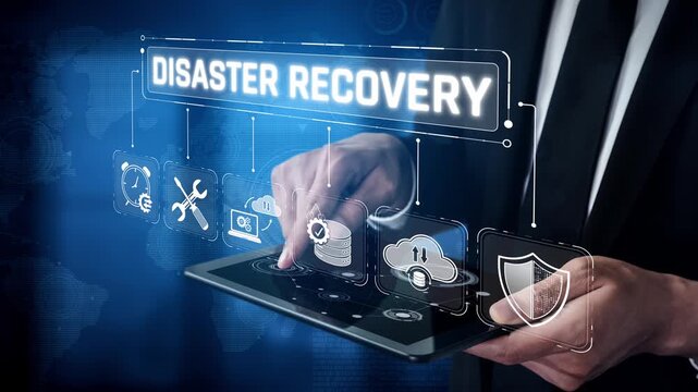 Modern technology concept illustrating disaster recovery and data protection through touch screen interface with various digital icons and security symbols. Sigmoid