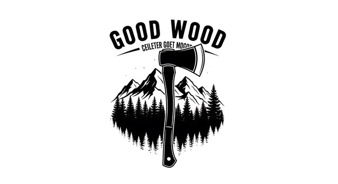 Black and white axe with mountains and forest rustic logo