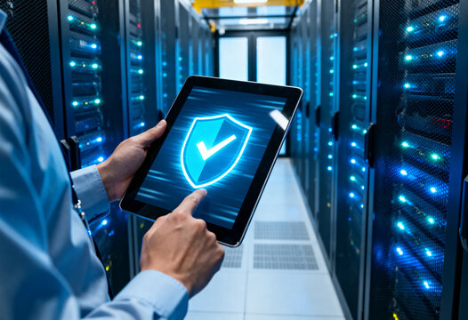 An IT technician checking secure server performance while holding a digital tablet in a data center.