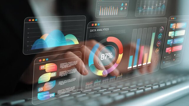 Modern Data Analysis Dashboard with Metrics Displayed on Screens and Hands Typing on Keyboard in a Professional Office Environment Sigmoid