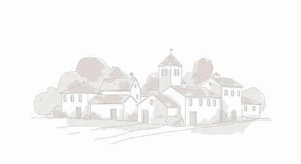 Fototapeta premium Illustrated village landscape with buildings trees and soft lighting