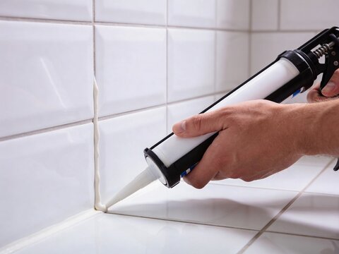 A close-up view of a person applying white sealant from a caulking gun onto a tiled bathroom wall corner.