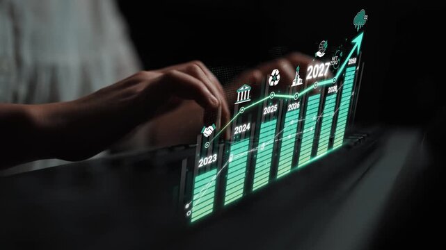 Hands Over Laptop with Digital Graph Showing Growth Projections for Future Years Including 2023, 2024, 2025, 2026, and 2027 in Business Context Sigmoid