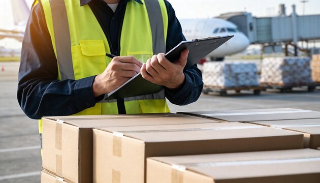 An airport worker in a high-visibility vest checks inventory on a clipboard near air cargo pallets.