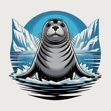 Gray Seal Swimming in Icy Water.