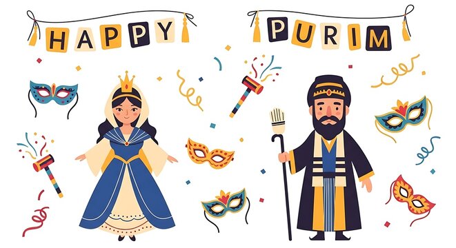 Cartoon Queen Esther and King Ahasuerus celebrate Purim holiday