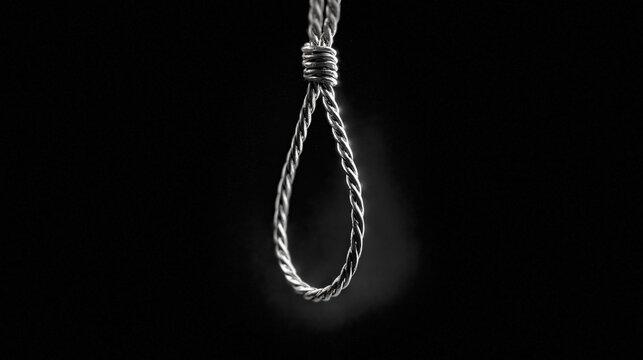 Hanging Rope Noose Against Black Background with Dramatic Spotlight Lighting
