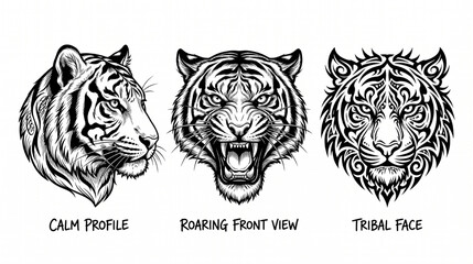 Obraz premium Tiger Head Tattoo Flash Sheet with Roaring and Tribal Variations Black Ink Vector Design