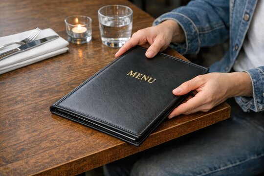 A person sitting at a table looking at a menu