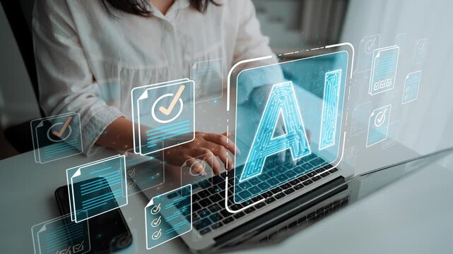 Young professional using laptop with digital AI graphics and icons symbolizing innovation, technology, and modern workspace environment Sigmoid